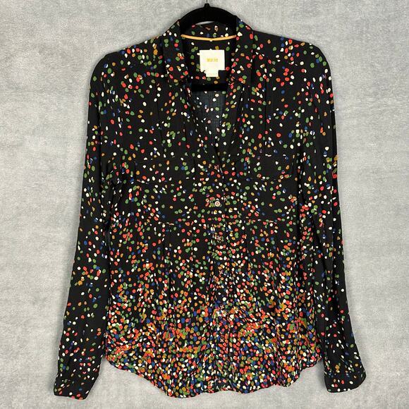 Maeve Top Womens 6 Black Polka Dot Long Sleeve Button Down Career Casual Blouse - Picture 1 of 12